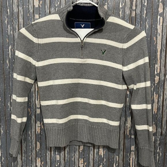 American Eagle 1/4 Zip Sweater Cotton Gray White Striped Mens Large - Picture 1 of 5
